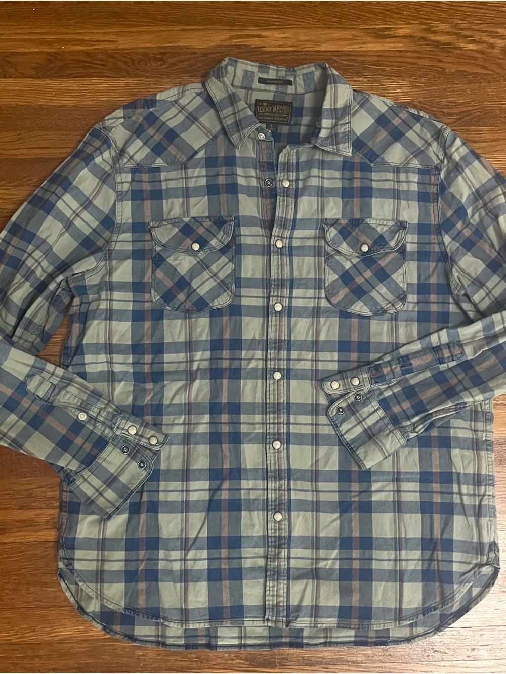 Y2k Lucky Brand plaid learn snap shirt L western green classic
